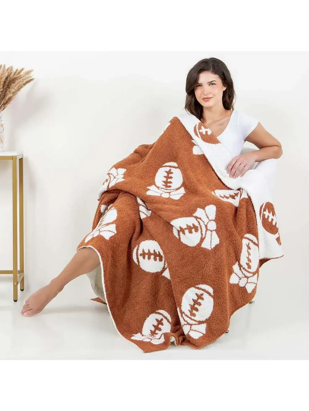 Football Bow Print Plush Throw Blanket 50 x 60 Brown Soft